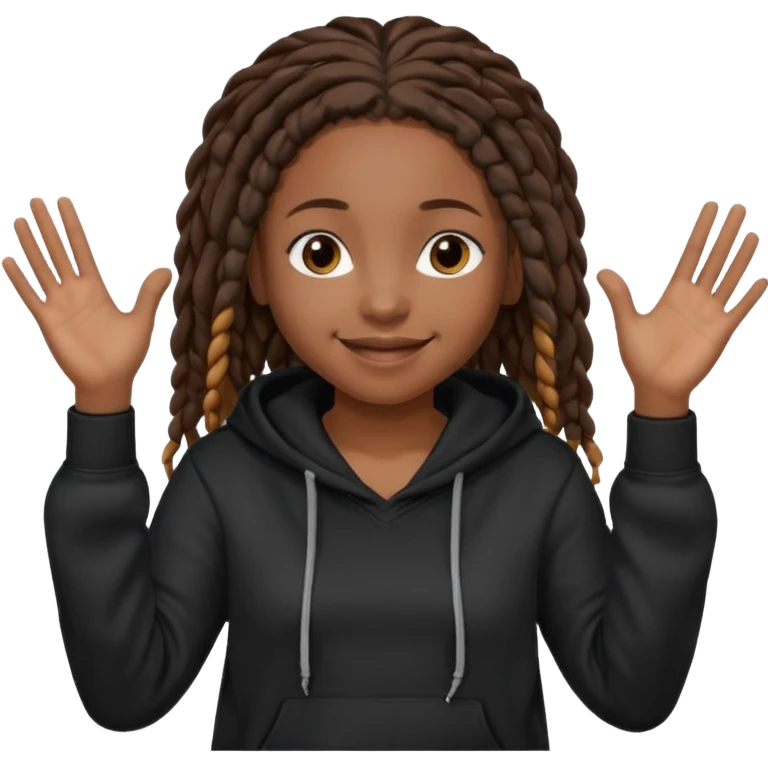 African American girl dark skin complextion a l with short brown dreadlock braids wearing plain black hoodie with hands raised emoji