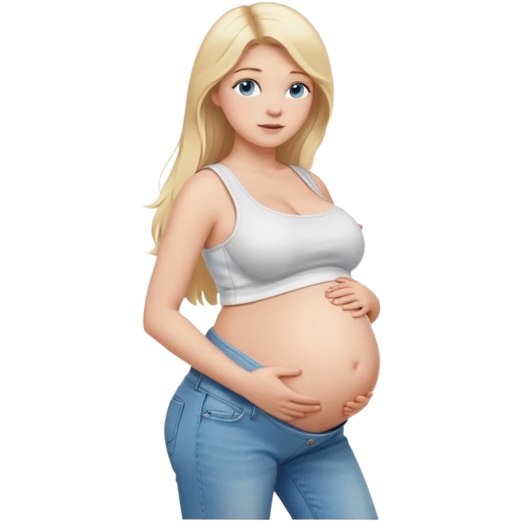 White girl, 18, long blonde hair, blue eyes, white crop top, jeans, huge pregnant belly, big boobs, side view, skinny, bare midriff. emoji