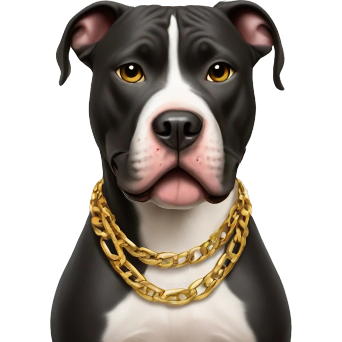 A dog pitbull with a aggressive face and wearing big gold chain on that says G UNIT emoji