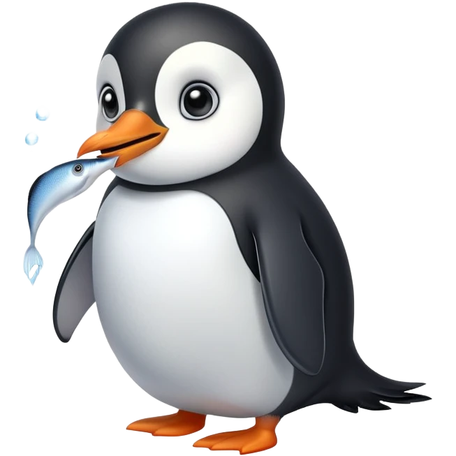 a cute anime penguin with big eyes is eating fish in arctic emoji