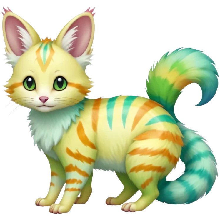  cute adorable yellow-green-turquoise-gradients albino fur with random colorful iridescent rainbow markings beautiful elegant pretty precious cute  Fakémon-Pokémon-opossum-feline-serval-caracal-chinchilla-Minccino-hybrid-creature with a big fluffy bushy striped tail (full body) emoji