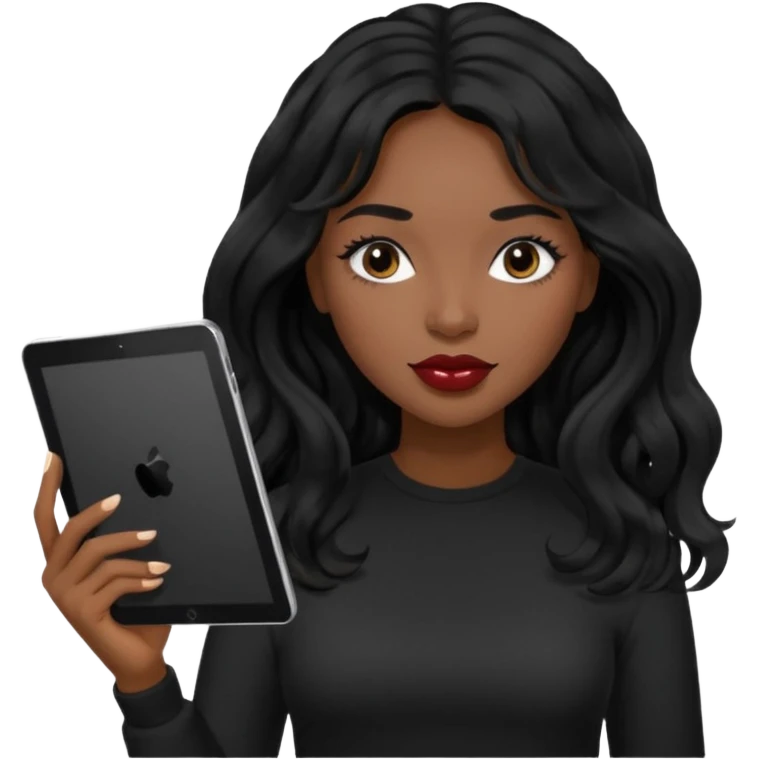A young woman with long black hair, a wavy frange falling on half of her head.  She's black, medium to dark skinned with thick lips. She's holding an iPad, but she's wearing black casual clothes. she has long eyelashes. emoji