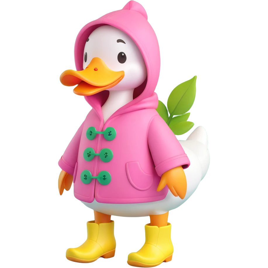 A duck wearing a pink hooded coat with green buttons and a green leaf on the chest, and yellow boots. The background is plain and light pink with pink hearts. emoji