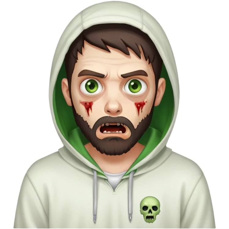 zombie with shocked expression, undercut hairstyle with dark brown hair, short full beard, heterochromia with one green eye and one brown eye, wearing plain white hoodie with hood up emoji