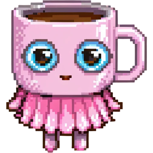 cute coffee mug character with big eyes and a pink ballet dress in pixel art style emoji