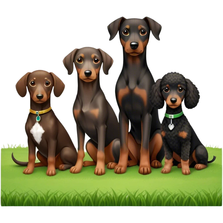 Close-up of a Doberman Pinscher, a Dachshund and a Poodle sitting together on lush green grass. The background features a beautiful, serene nature view with rolling hills and bright blue skies. The dogs' sleek coats shine under the sun. Transparent background. emoji
