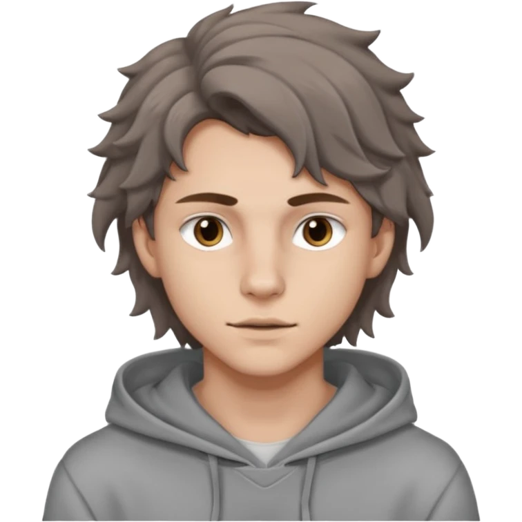 18 year old boy siren eyes good jawline with grey hoodie and long brown wavy wolf cut hair emoji