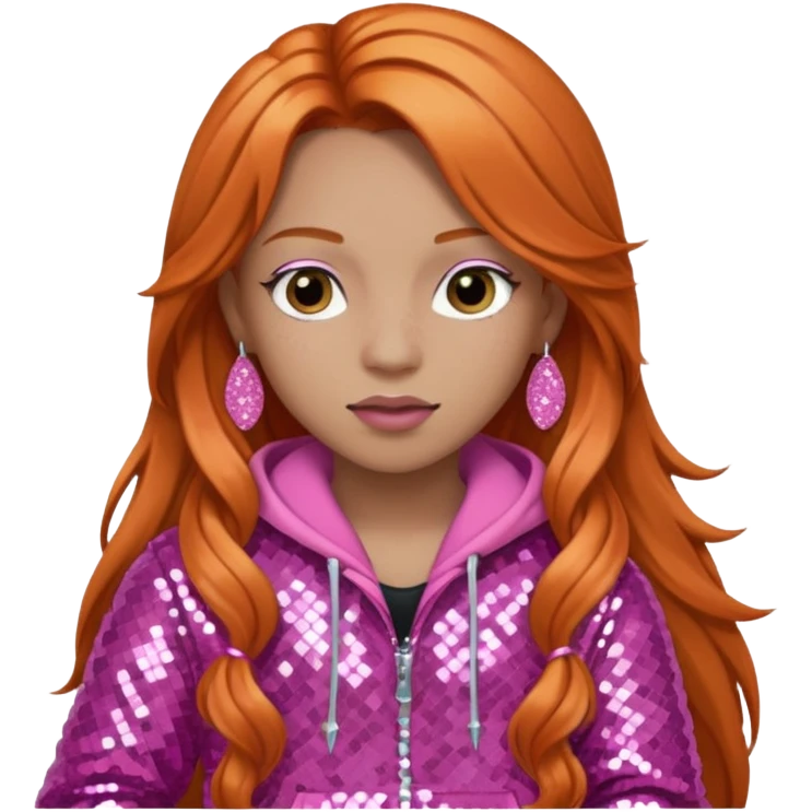 Ice Spice, Rapper (b.2000) with long ginger hair, pink sequin outfit emoji