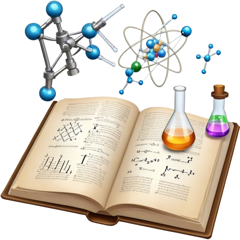 Icon for Scientific and Educational Reading: an open book with mathematical and physical formulas on the pages, with molecules and atoms flying out. On the desk are test tubes, flasks, and a microscope. Transparent background. emoji