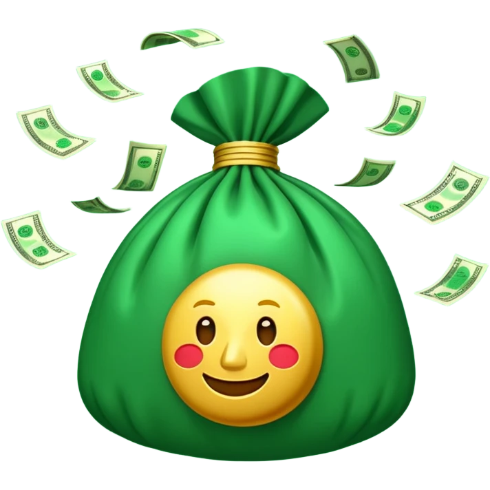 

3D emoji style, big bag of money, flying dollar bills, rich casino vibe, smooth lighting, high detail, clean edges, transparent background



 emoji