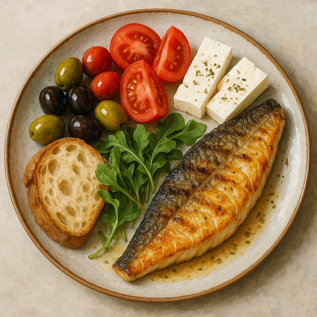 realistic illustration of a colorful Mediterranean meal plate with olives, tomatoes, feta cheese, grilled fish, bread, and fresh greens emoji