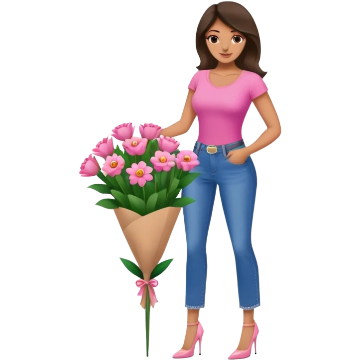 Make her building a flower bouquet in a pink top and jeans and heels emoji