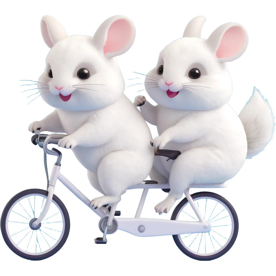 two white fluffy chinchillas riding a tandem bicycle, soft fur, joyful expressions emoji