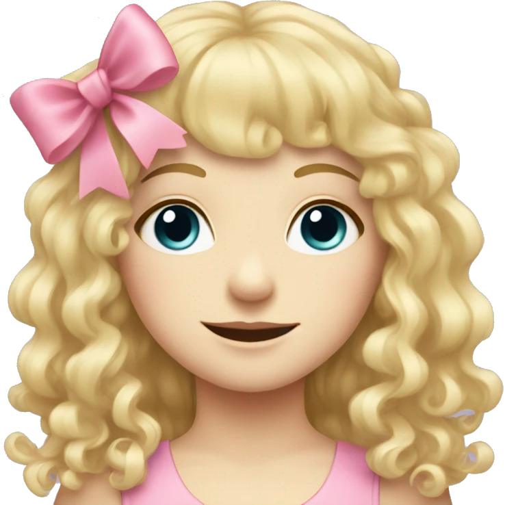 Blonde pale girl with bangs and pink bows in her curly, long hair  emoji
