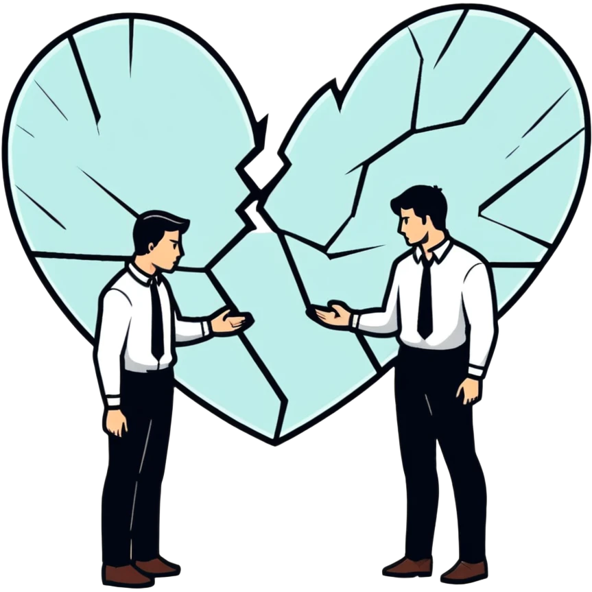 two men gay couple breaking up with a large shattered heart between them emoji