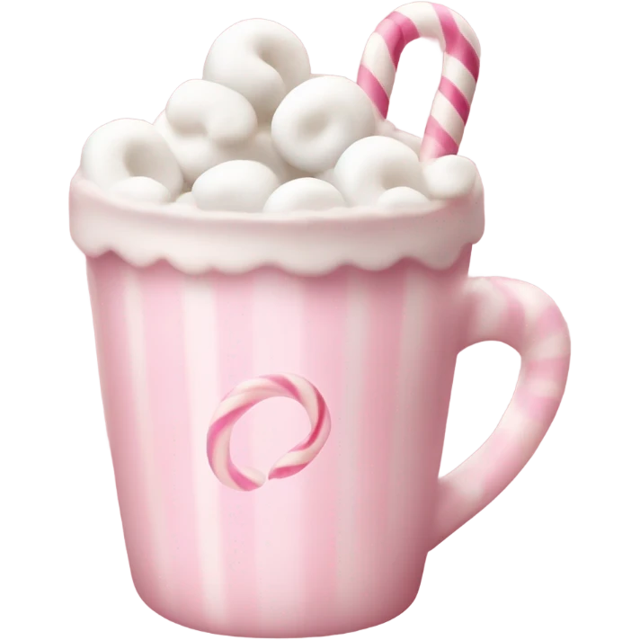 A light pink hot chocolate cup with little marshmallows in and a pink and white candy cane  emoji