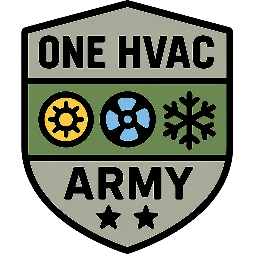 military-inspired badge logo for One HVAC Army with HVAC elements, strong sans-serif text, green and gray palette emoji