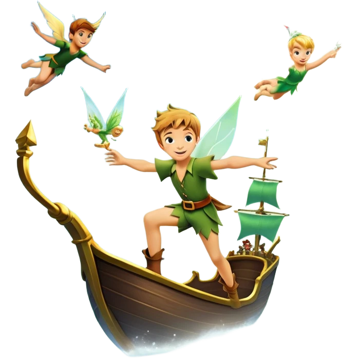An icon representing an adventure game, inspired by whimsical fantasy. The design features Peter Pan soaring through the sky with Tinker Bell beside him, leaving a shimmering trail of pixie dust. Below, Neverland’s lush jungles and pirate ships create a backdrop of magic, adventure, and endless youth. Transparent background. emoji