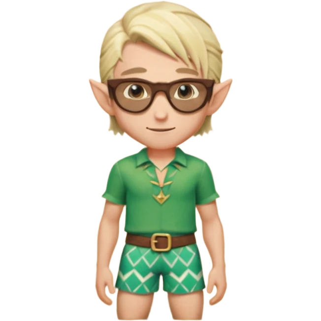 elf male legolas portrait, patterned board shorts (geometric/abstract), unique wooden-framed sunglasses, undercut hairstyle, slight smirk, visible pointy ears, no background, centered emoji, hipster summer vibe emoji