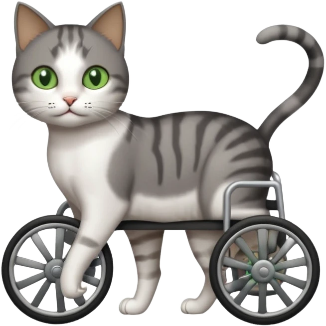 full body small short hair dark grey and white cat with green eyes walking in a wheelchair for cats emoji