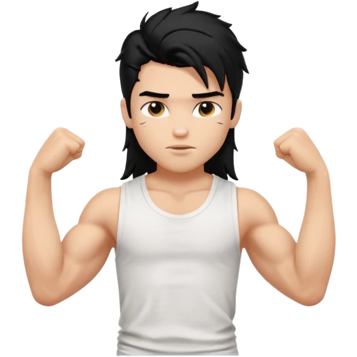 generate a pretty bratz boy with messy long mullet hair, sleeveless white tshirt, big biceps. Black hair emoji
