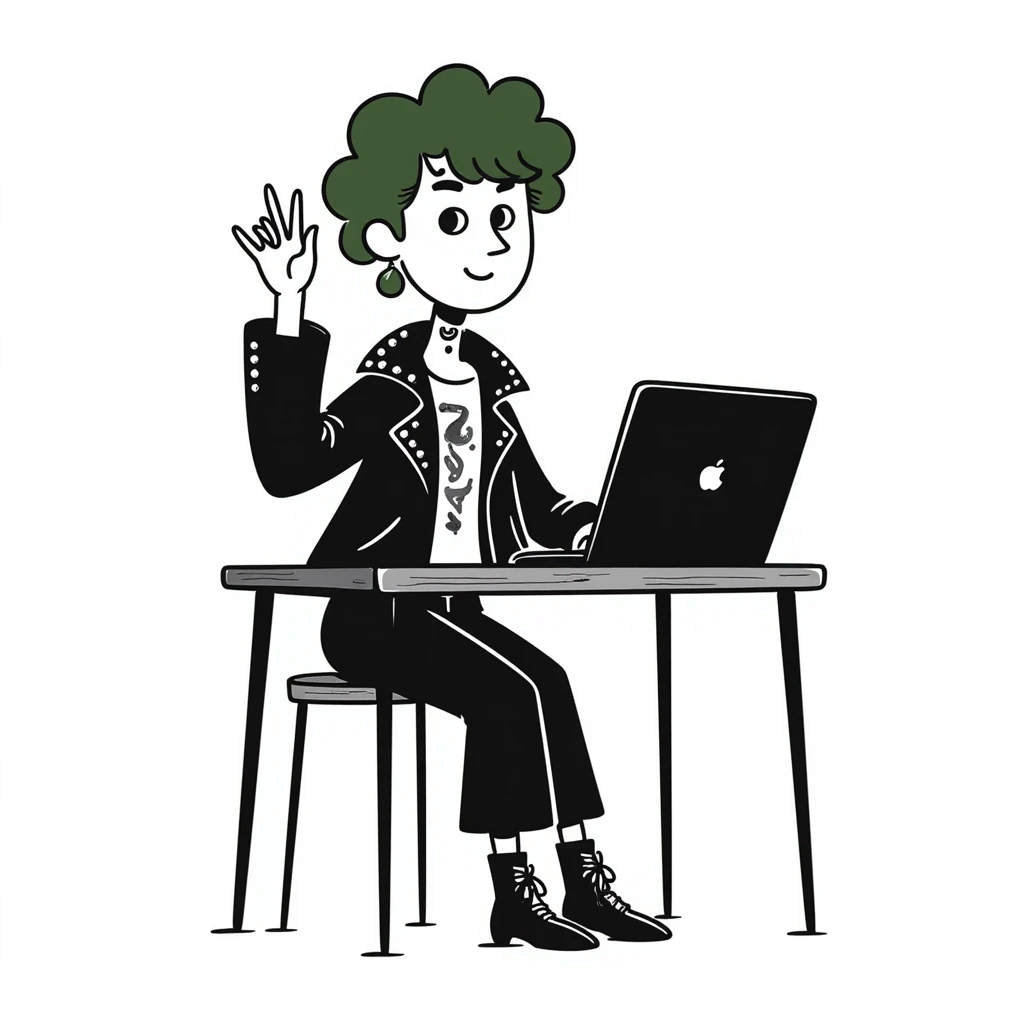 Alternative rocker girl with green and black hair, nose ring, neck tattoo, wearing combat boots and studded leather jacket, confidently raising hand while sitting at desk with laptop in music class emoji
