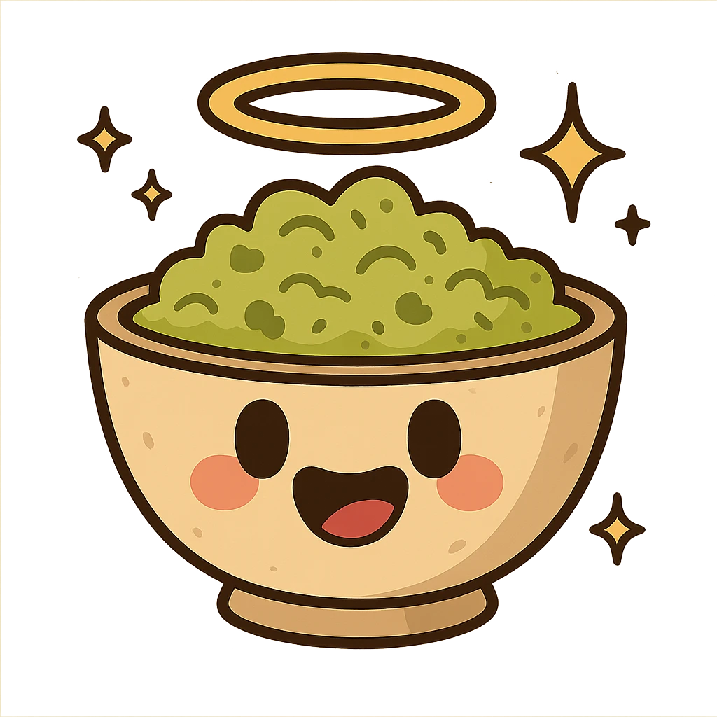 guacamole bowl with a halo, sparkles, and smiling face emoji