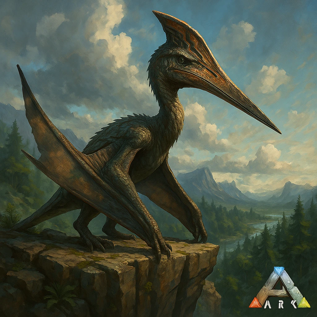 quetzalcoatlus dinosaur in the style of the Ark: Survival Evolved game, perched on a cliff, looking majestic, game-inspired details emoji