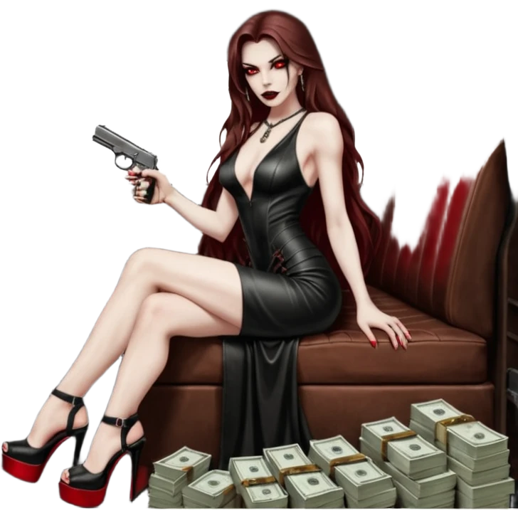 Lilith red eye seductress evil long brown haired sexy succubus woman with leather long dress with slit on, sitting in Big Large F350 pickup truck. Wearing super tall black platform high heels, Back seat full of stacks of cash, she is  Holding a human skull of her enemies and a gun in other hand emoji