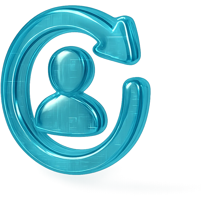 Icon of a circular arrow chasing a user silhouette, cyan blue emoji