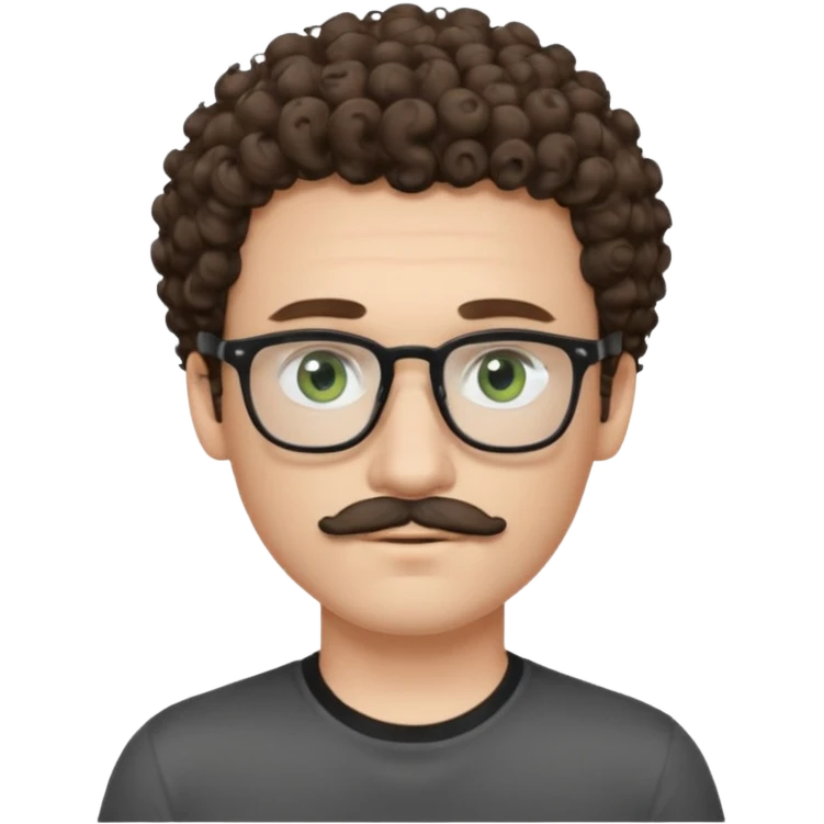 Light brunette curly haired young man with pale skin and glasses. Eyes are greenish grey and he has a moustache. Black t-shirt. emoji