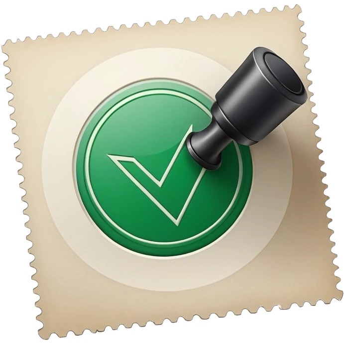 A stamp pressing down on a paper sheet, leaving a green circular mark with a check symbol inside, representing approval or verification. emoji