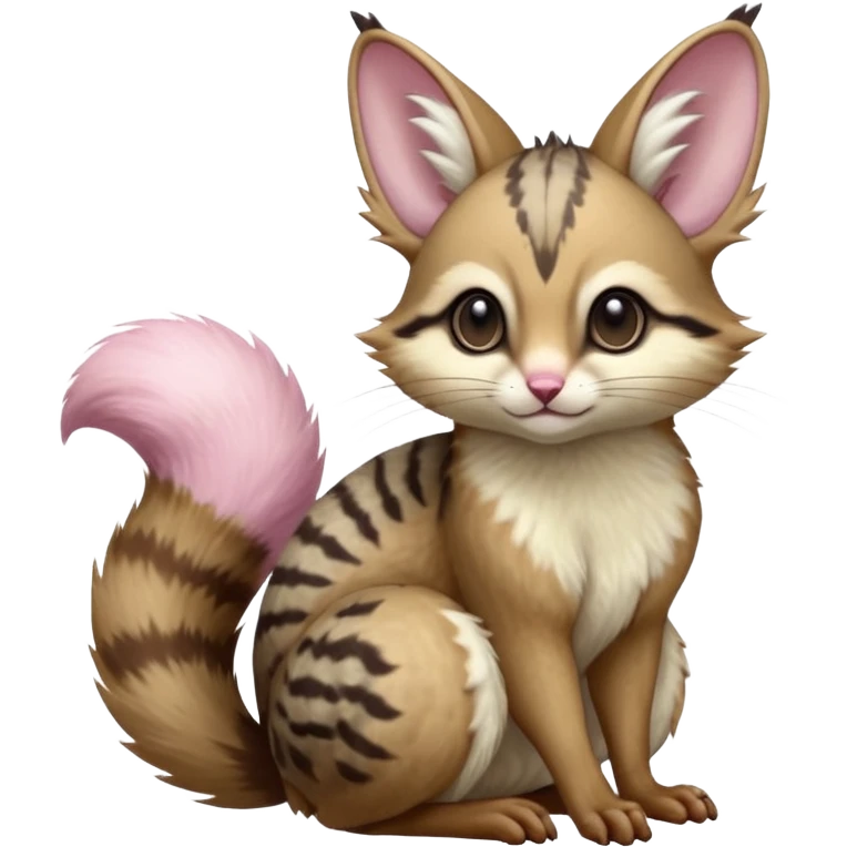 soft natural realistic romantic vintage antique divine beautiful elegant pretty precious cute young youthful  Fakémon-Pokémon-alien-opossum-squirrel-feline-serval-caracal-chinchilla-Minccino-Cinccino-Meowstic-rodent-hybrid-creature with a big fluffy bushy tail (full body) emoji