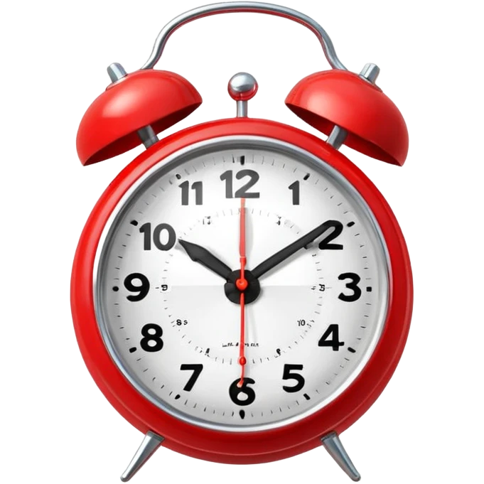“Classic alarm clock emoji ⏰ in clean 3D style, smooth rounded clock body, bright red color, shiny metallic bells, ultra-glossy plastic texture, reflective surface, clear clock face with simple hands, soft studio lighting, subtle highlights, cute emoji proportions, ultra-polished 3D look,  emoji