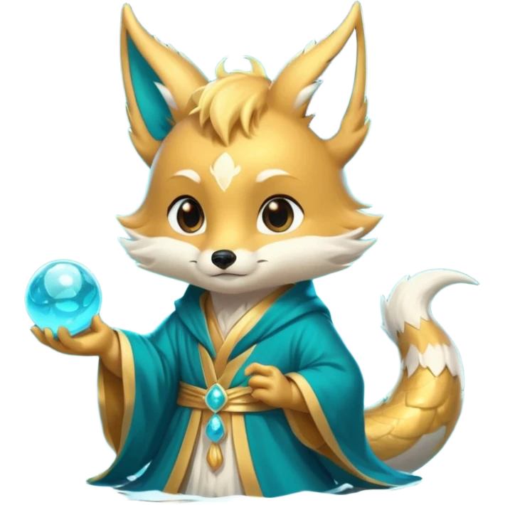Chibi teal fox with small antler horns, confident magical expression, gold mark on forehead, teal-gold robe, holding glowing blue water orbs, with dragon tail emoji