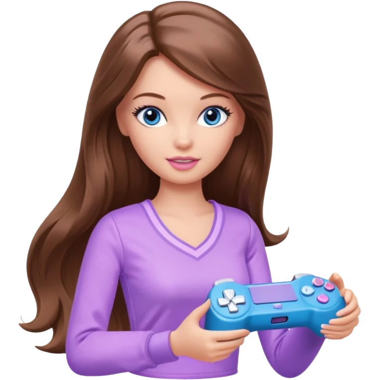 beautiful barbie girl with long brown hair, blue eyes and wearing light purple clothes playing console games with controller emoji