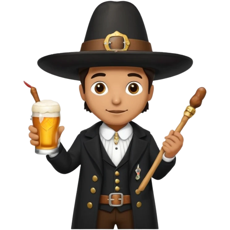 Mexican man dressesd as a Thanksgiving Pilgrim  holding a Turkey drumstick and a Corona beer emoji