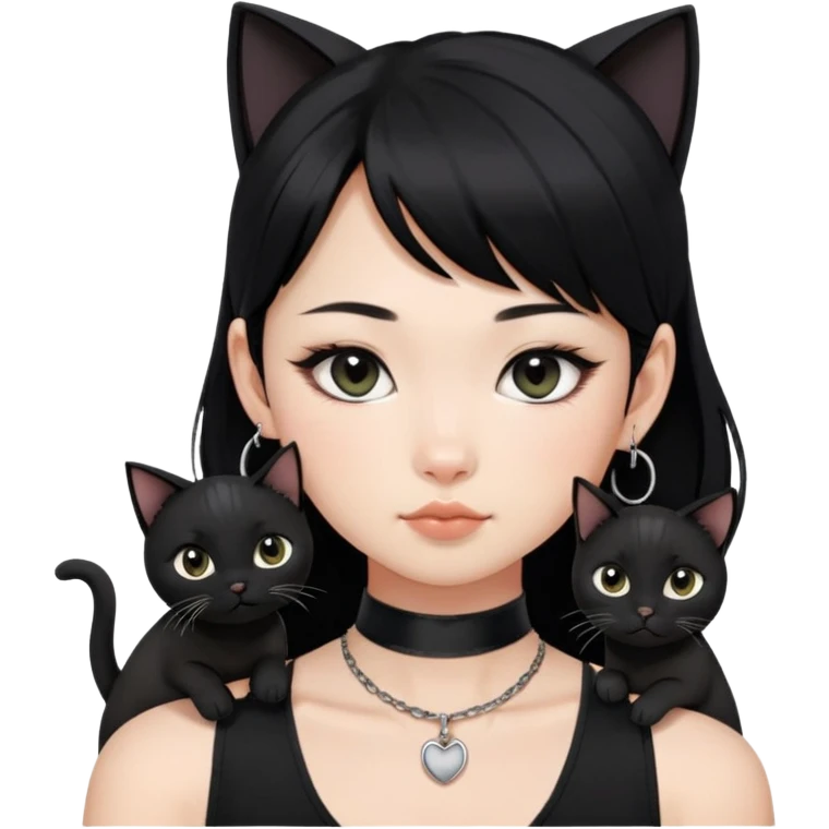 Asian girl, black hair.  Holding two BLACK cats with one cat has a round fat face. Both pure black.  The girl also wearing a black singlet, a black chocker, silver round hook earring, and wearing eyeliner.  emoji