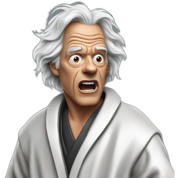 Doc brown from back to the future looking shocked and his mouth wide open. No eye-ware. Wearing a silver bathrobe with black trim. emoji