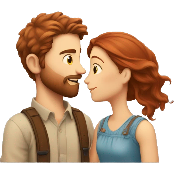 A red-haired boy with a beard kisses a brown-haired girl with great love emoji