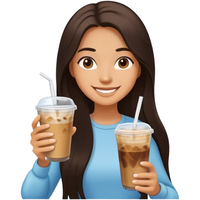 Smiling girl with long dark hair holding iced coffee in both hands emoji