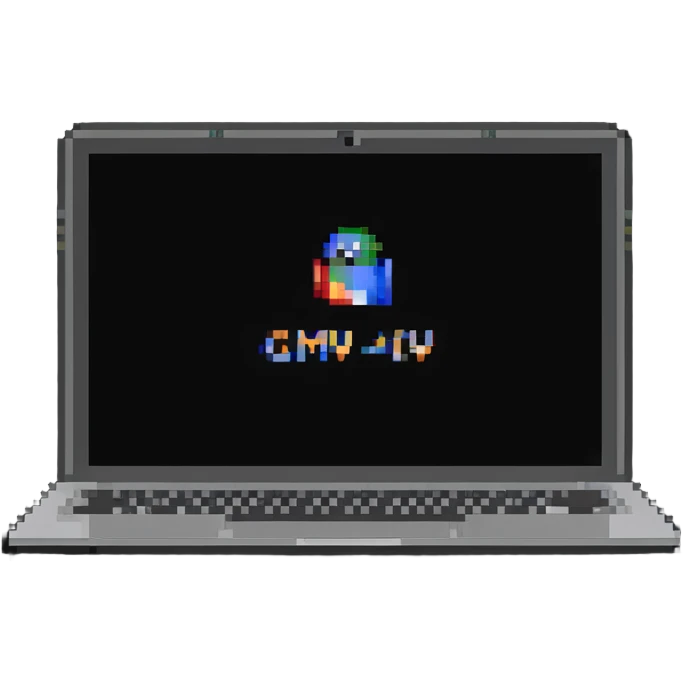 a laptop having a logo that says cmv on the back of it emoji
