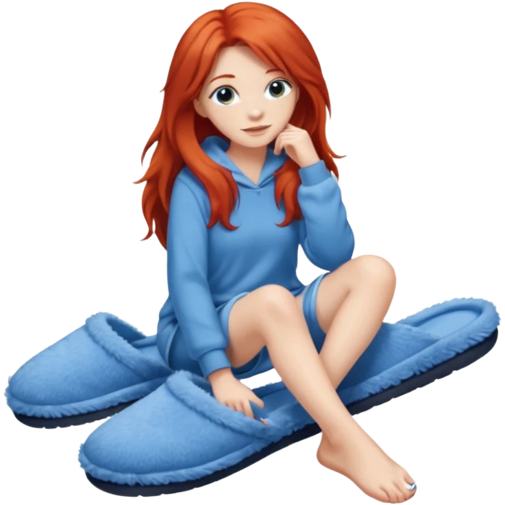 young woman with long red hear wearing comfy lounging outfit, wearing blue fuzzy slippers emoji