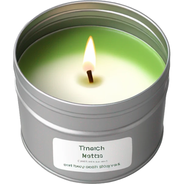 realistic, lit matcha scented candle, silver tin, small white label, text emoji