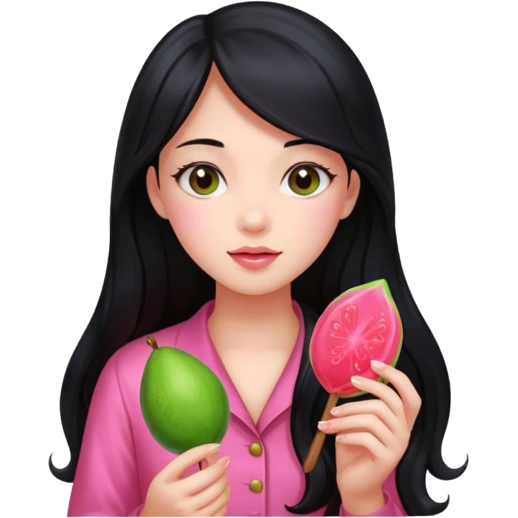 A girl with long black hair holding a piece of guava hard candy emoji