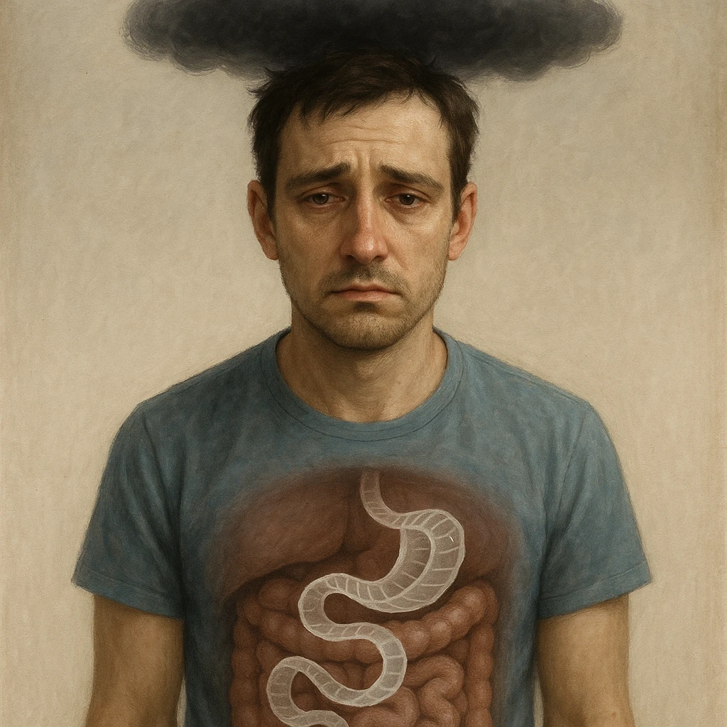 close-up of man with sad eyes, transparent tapeworm in intestine and dark cloud above head, symbol of depression, neutral background, 4K quality emoji
