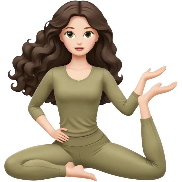 A white Barbie girl with long dark brown wave hair in a pale olive clothes doing stretching  emoji