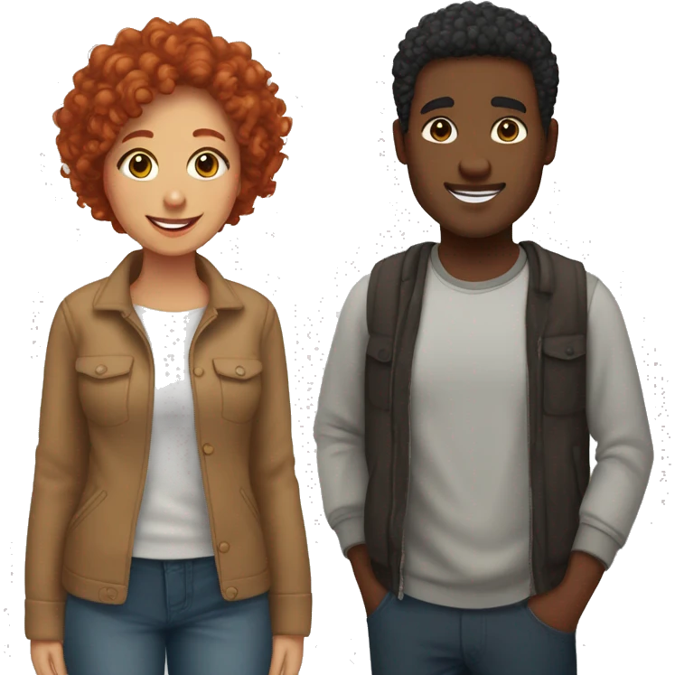 Create an emoji of a couple: a woman with curly red hair and a man with short straight black hair and dark brown skin. Both should be smiling warmly and standing close together, showing affection emoji
