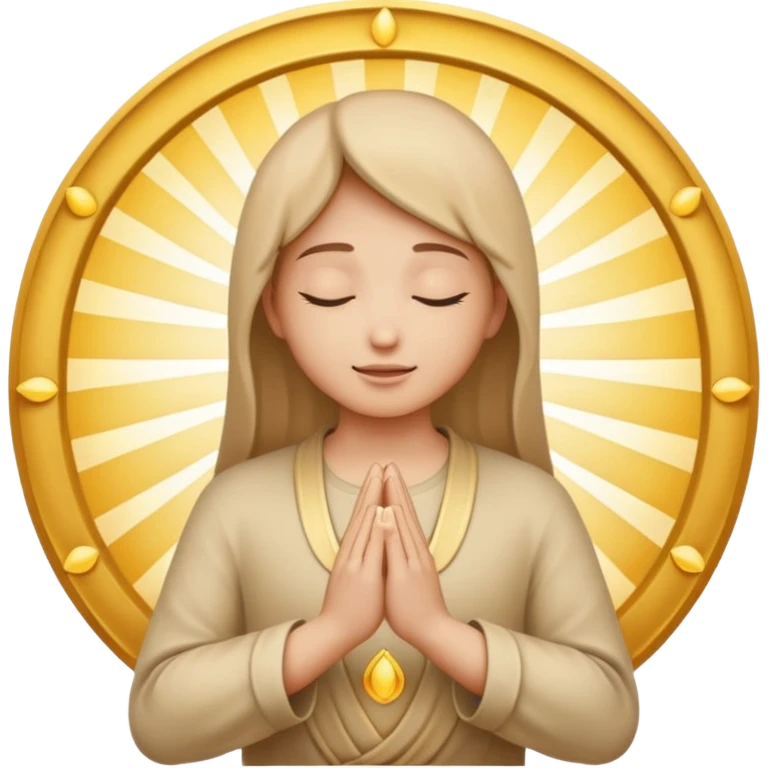 peaceful emoji with hands in prayer, surrounded by golden rays, faint spiritual symbol like lotus or dove, evoking morning gratitude and connection with the divine emoji