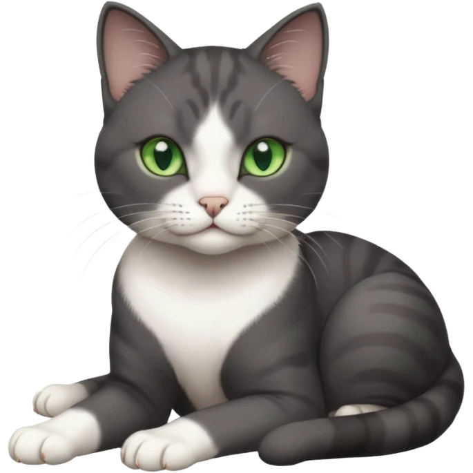 beautiful female solid dark grey cat with green eyes, white toes/paws and white patch on her chest rolling over emoji